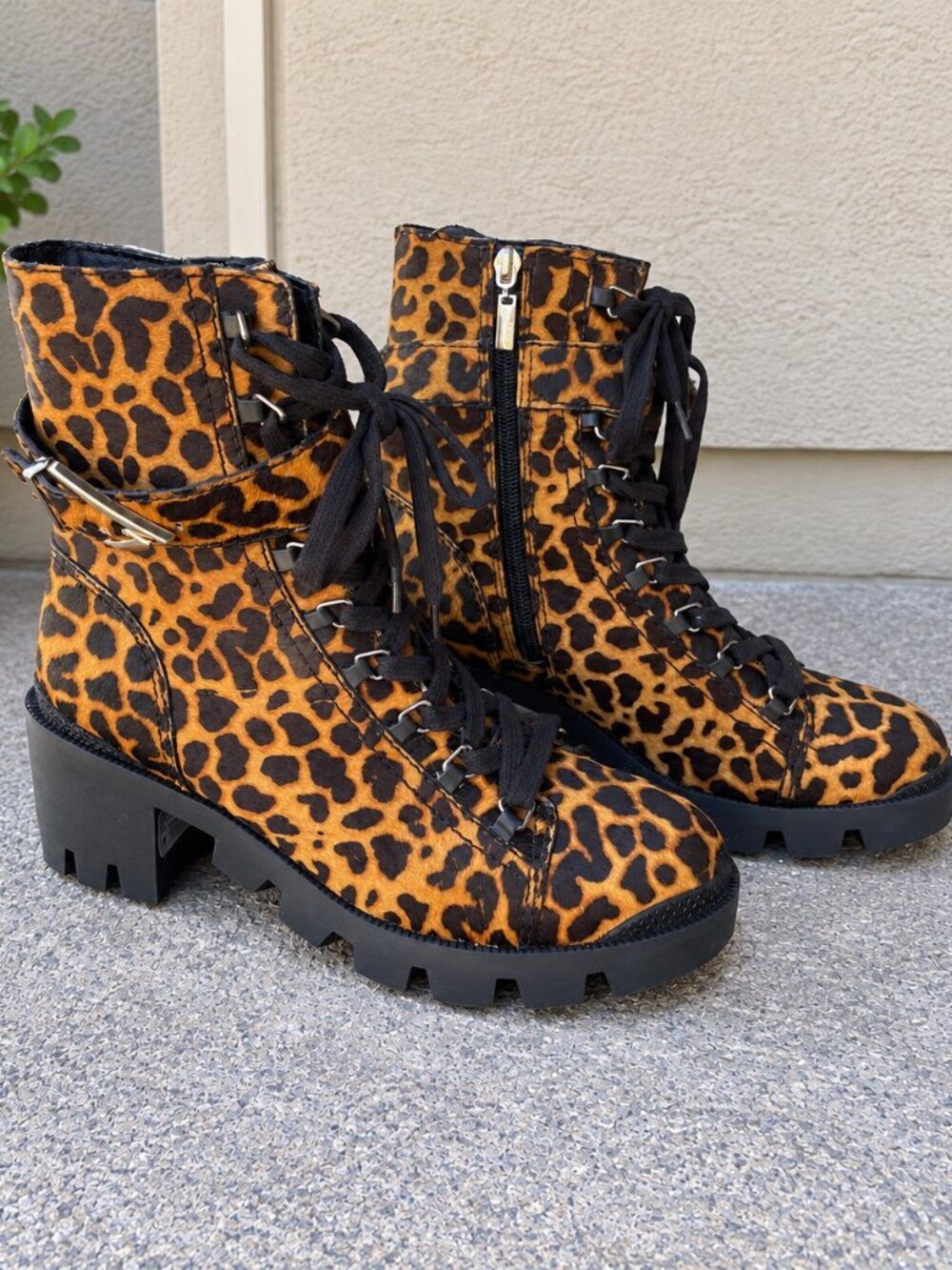 Schutz Calista 7B Calf Hair Leopard Print Combat Boots Leopard Side Zip